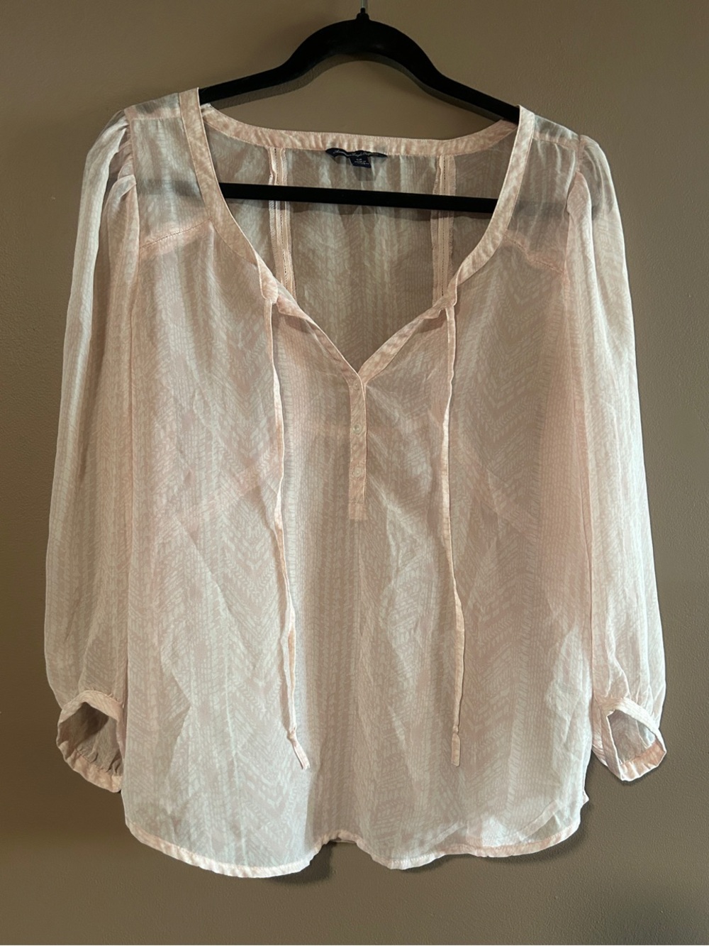 American Eagle Outfitters Pale Pink Sheer Peasant Top with Tie